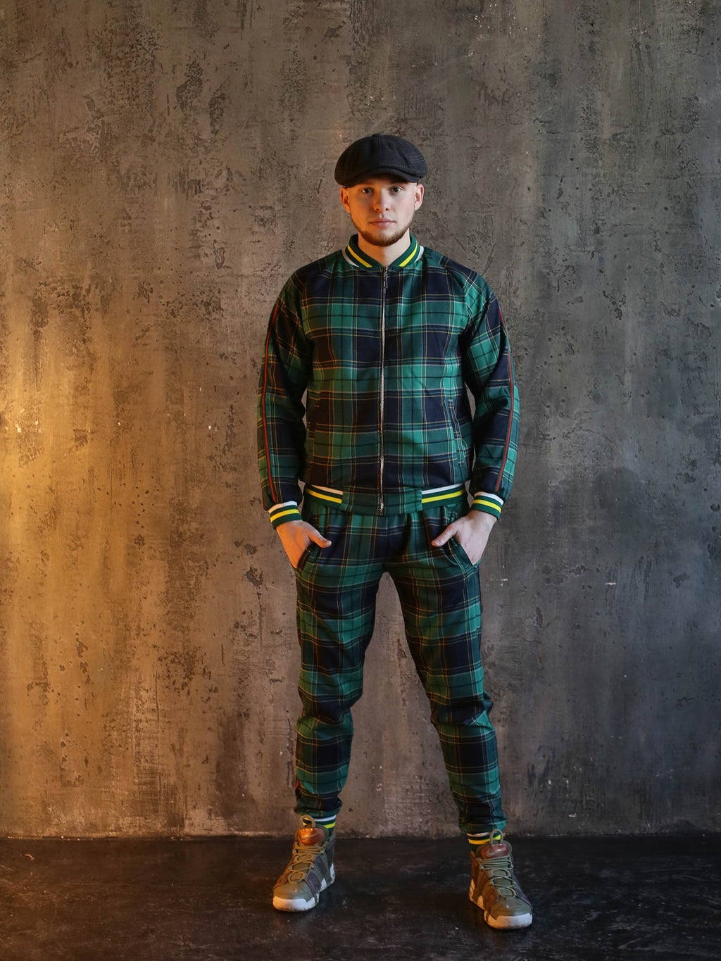 Green & Navy Tartan Gentlemen Tracksuit — three-quarter front view