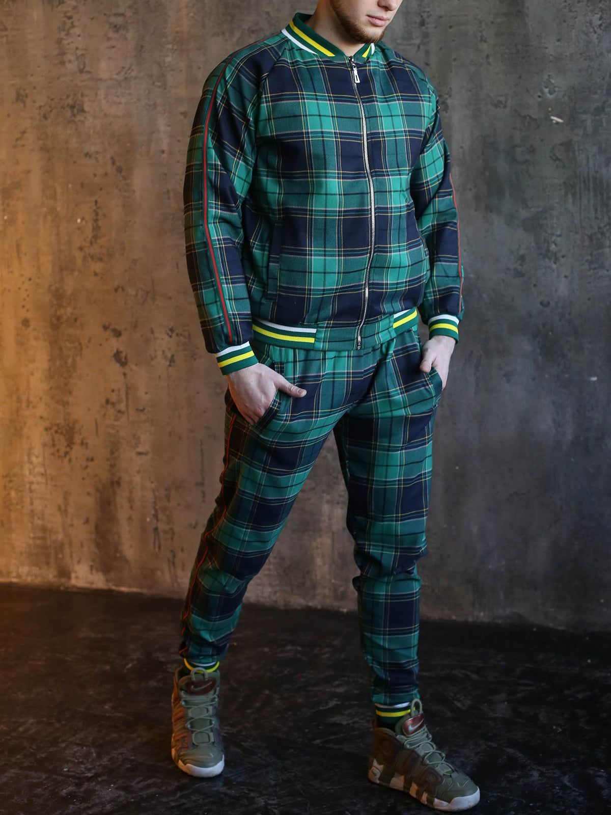 Green & Navy Tartan Gentlemen Tracksuit — three-quarter front view, another angle