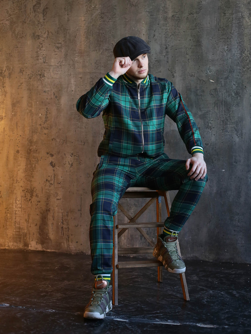 Green & Navy Tartan Gentlemen Tracksuit — seated pose