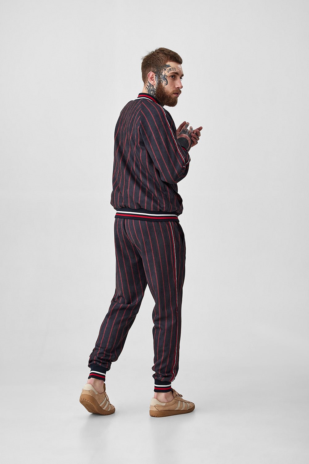 Burgundy Pinstripe Gentlemen Tracksuit — side view