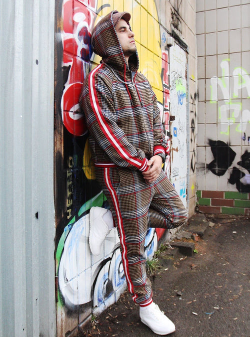 Premium Brown & Red Glen Plaid Hooded Gentlemen Tracksuit — glen plaid hooded jacket and joggers, hood up, side view