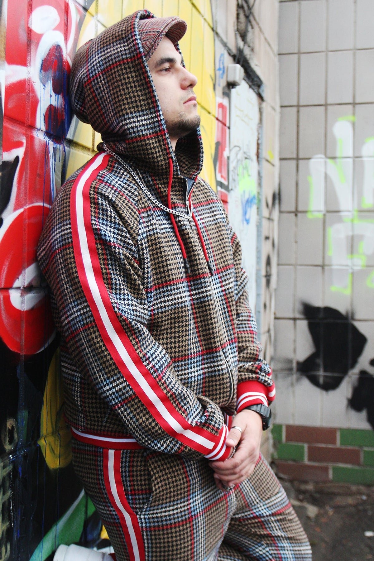 Premium Brown & Red Glen Plaid Hooded Gentlemen Tracksuit — hood up, close-up
