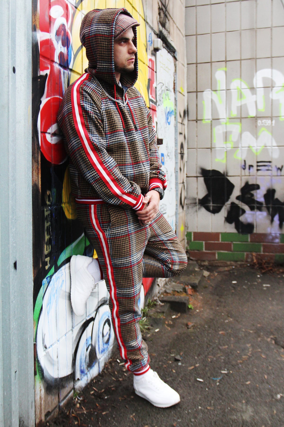 Premium Brown & Red Glen Plaid Hooded Gentlemen Tracksuit — hood up, front view