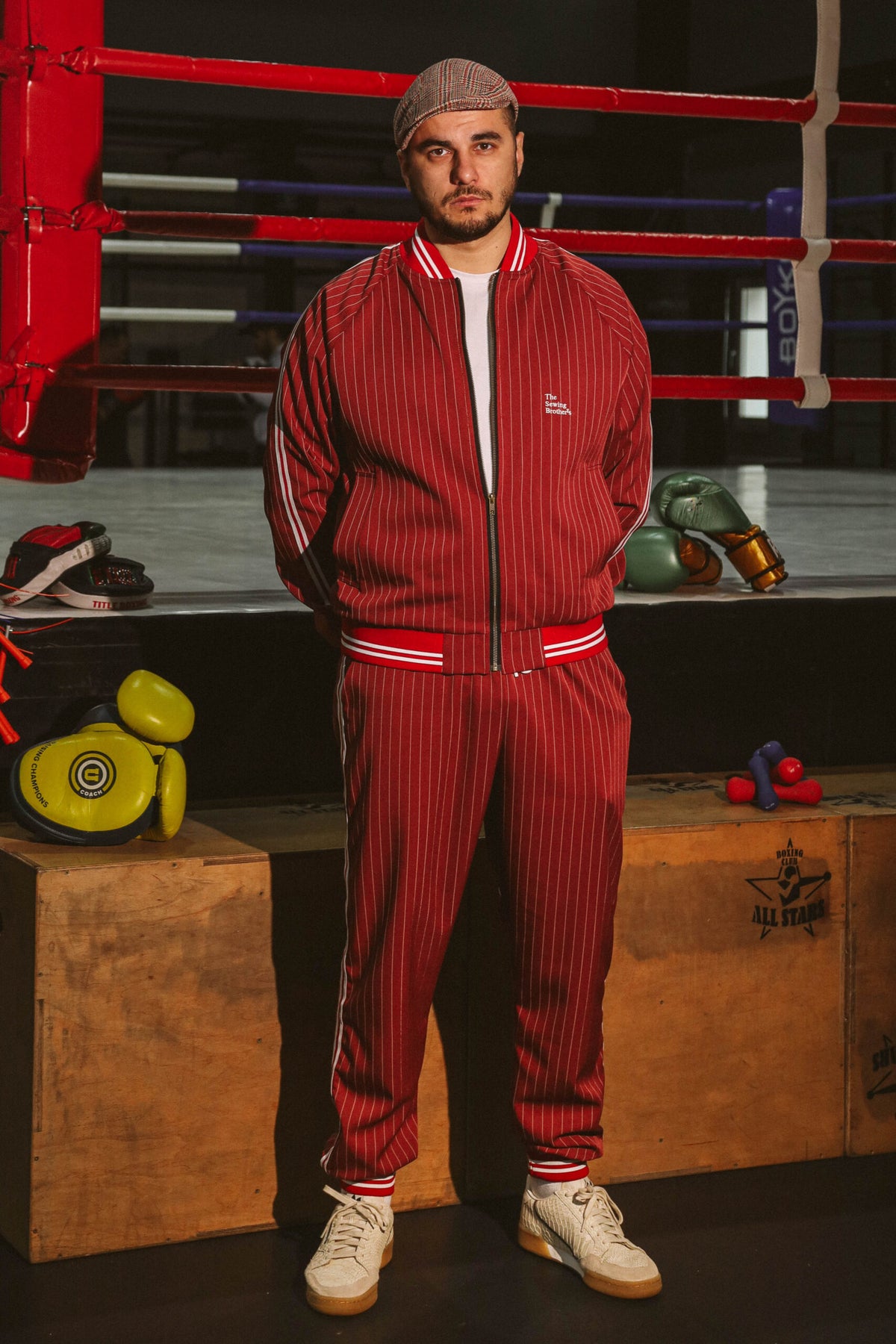 Premium Red Pinstripe Coach Gentlemen Tracksuit — front view; the Coach look inspired by Colin Farrell in The Gentlemen