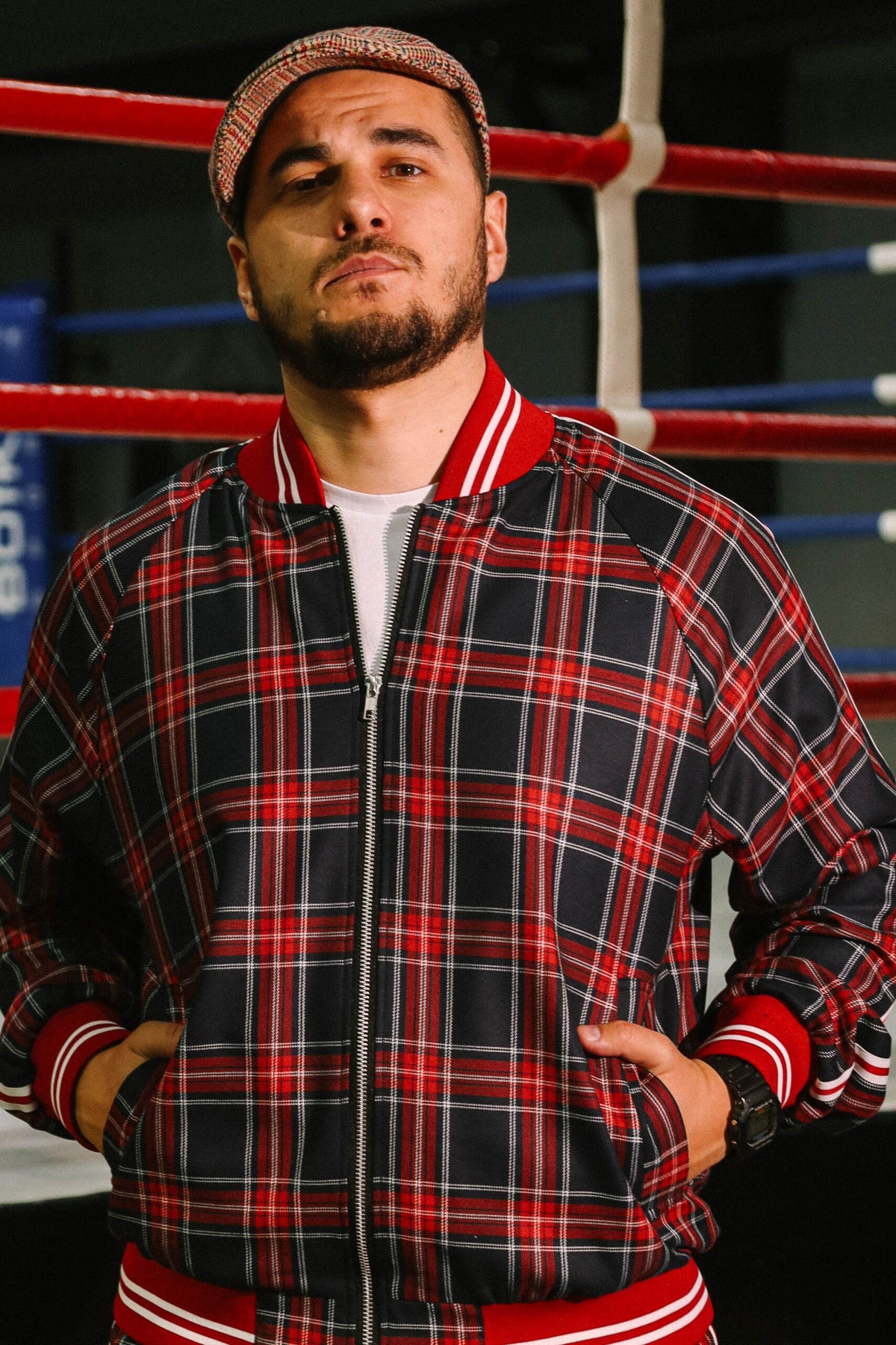 Premium Red Tartan Gentlemen Tracksuit — close-up of the bomber jacket