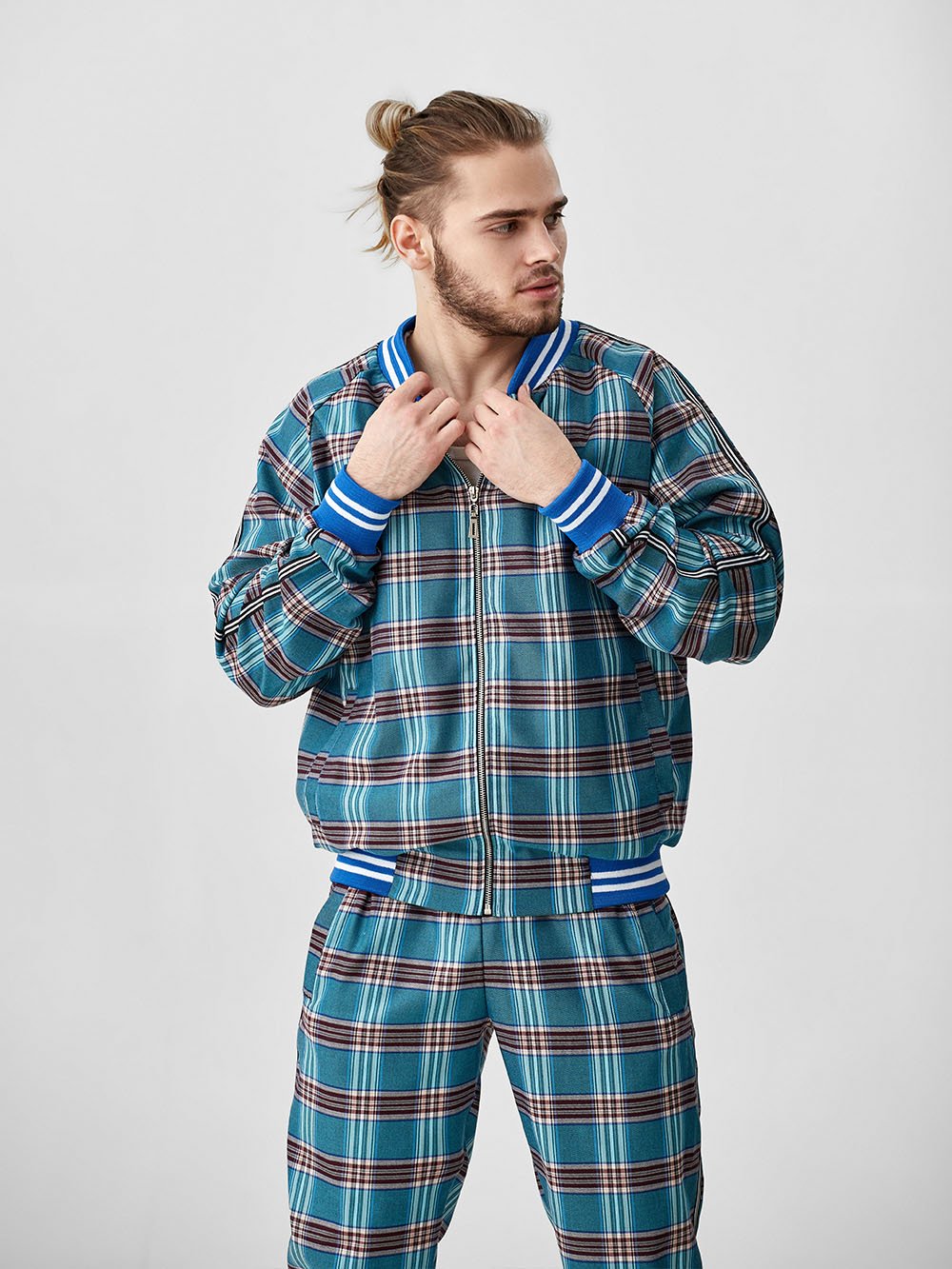 Teal Tartan Gentlemen Tracksuit — close-up of the bomber jacket, three-quarter view