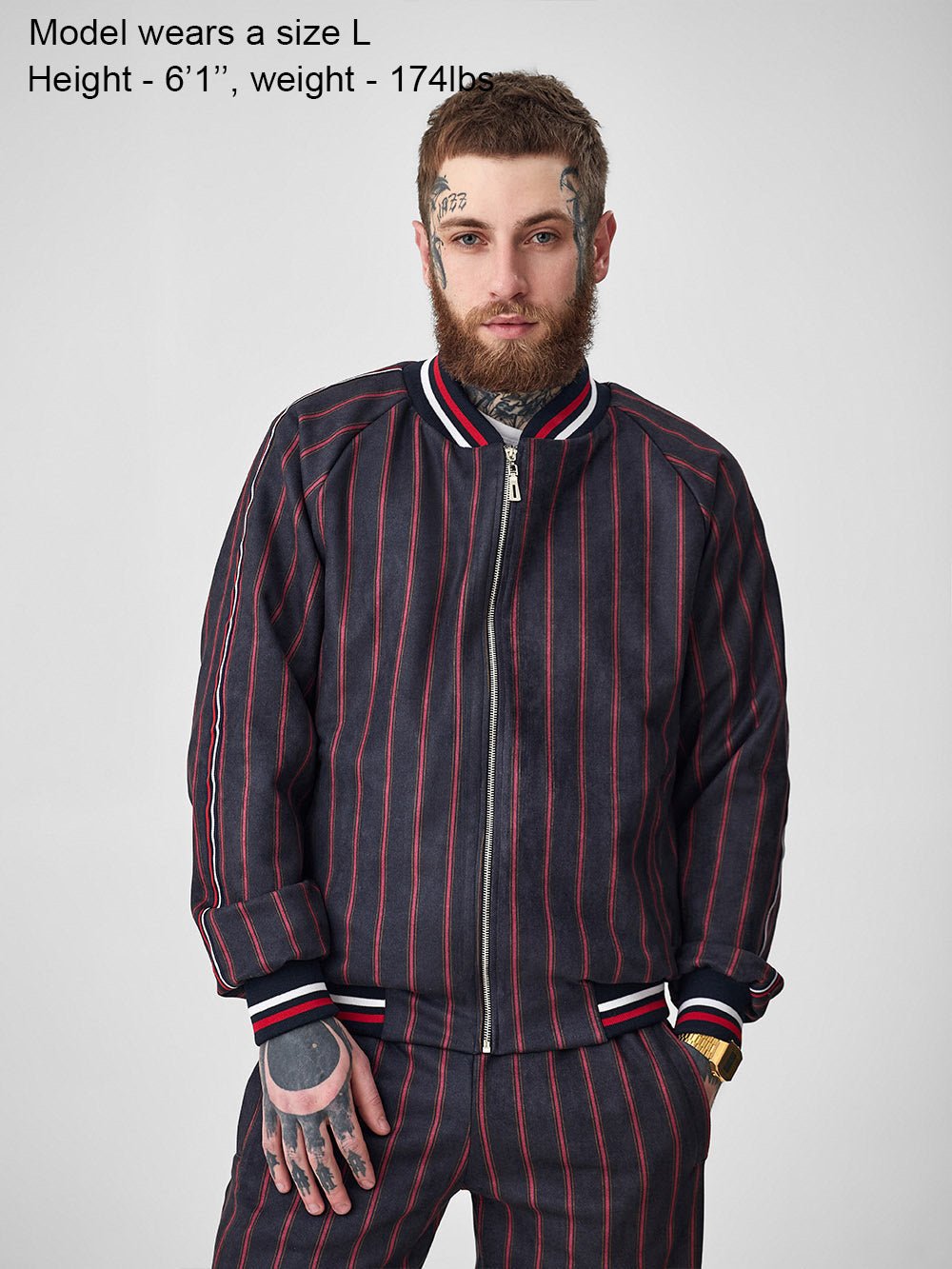 Burgundy Pinstripe Gentlemen Tracksuit — close-up of the bomber jacket