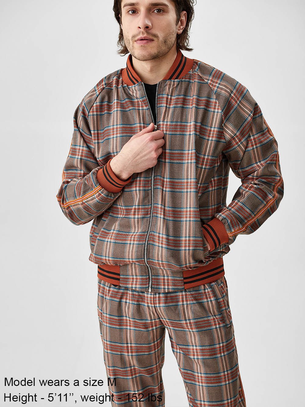 Brown & Red Plaid Gentlemen Tracksuit — close-up of the bomber jacket