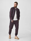 Burgundy Pinstripe Gentlemen Tracksuit — pinstripe bomber jacket and joggers, front view
