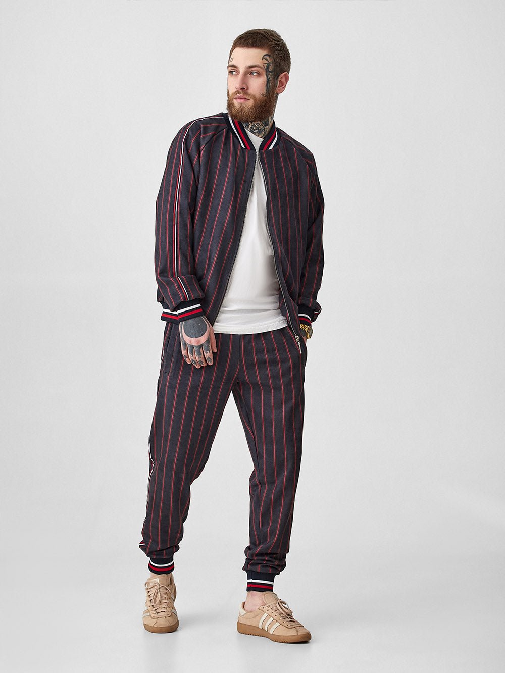 Burgundy Pinstripe Gentlemen Tracksuit — pinstripe bomber jacket and joggers, front view