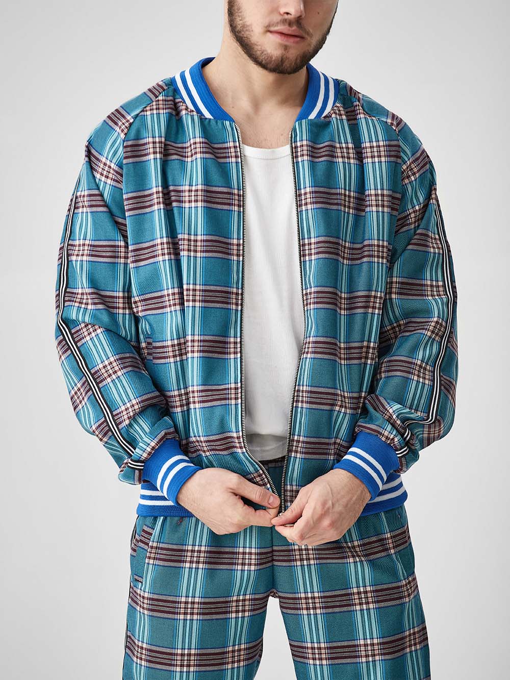 Teal Tartan Gentlemen Tracksuit — close-up of the open bomber jacket