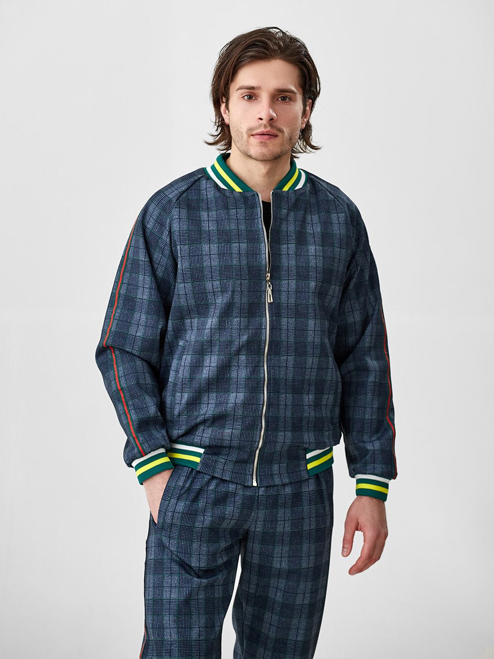 Slate Blue Plaid Gentlemen Tracksuit — close-up of the bomber jacket, another angle