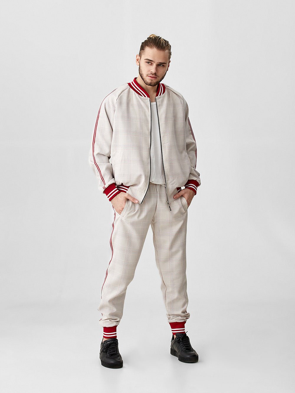 Ivory Glen Plaid Gentlemen Tracksuit — glen plaid bomber jacket and joggers, front view