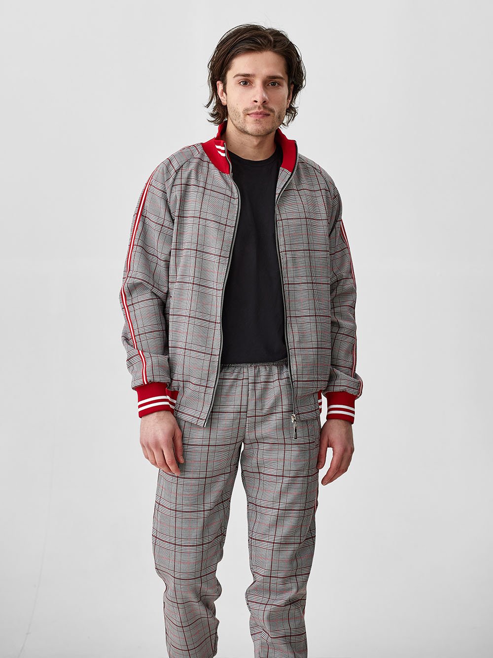 Stone Gentlemen Tracksuit — plaid bomber jacket and joggers, jacket close-up