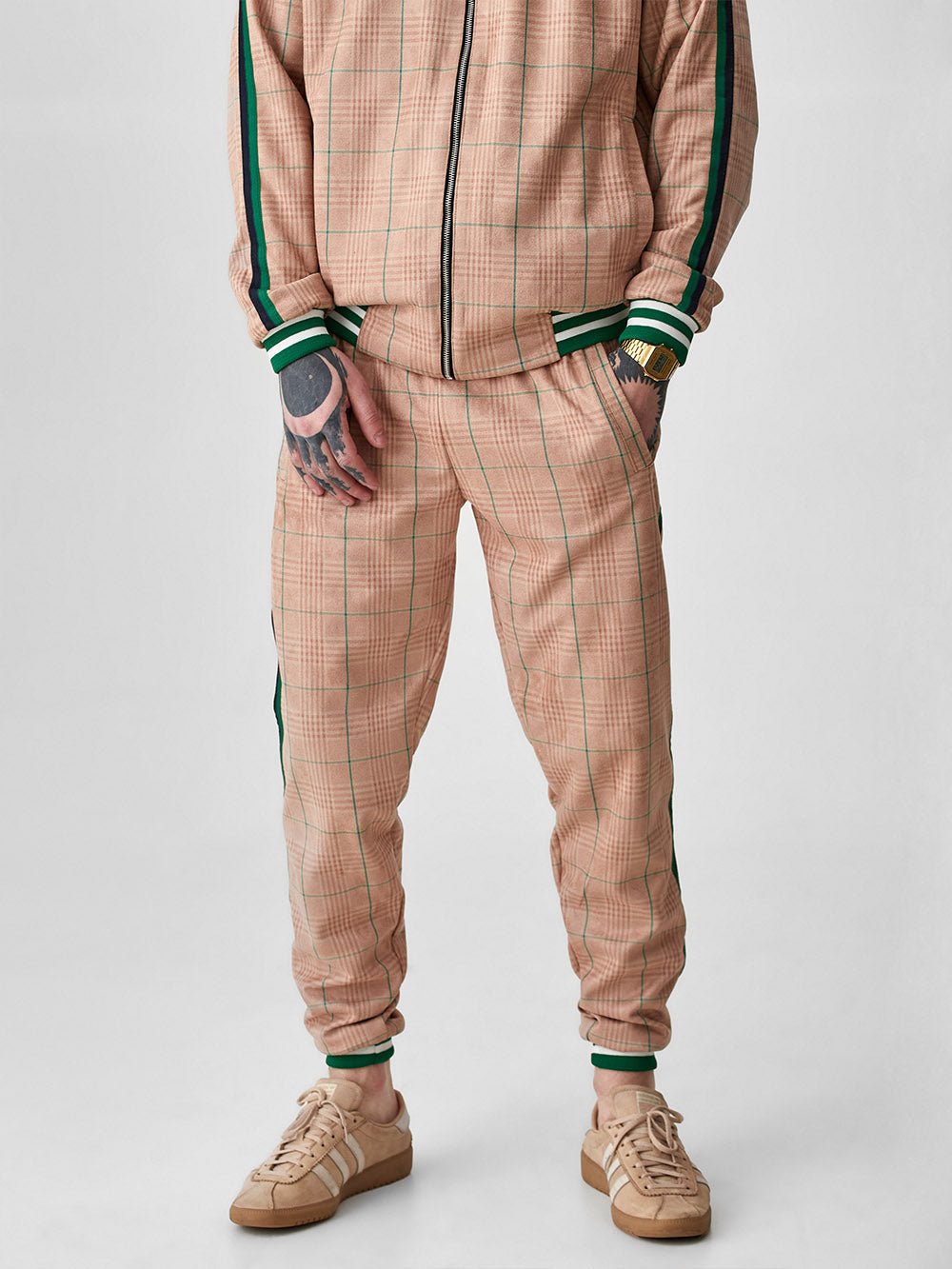 Peach Glen Plaid Gentlemen Tracksuit — close-up of the joggers