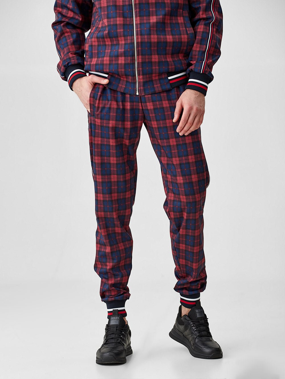 Red & Navy Tartan Gentlemen Tracksuit — close-up of the joggers