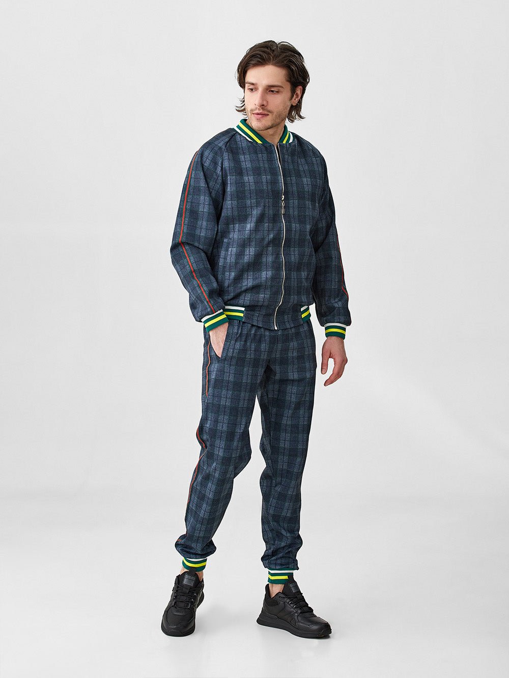 Slate Blue Plaid Gentlemen Tracksuit — front view