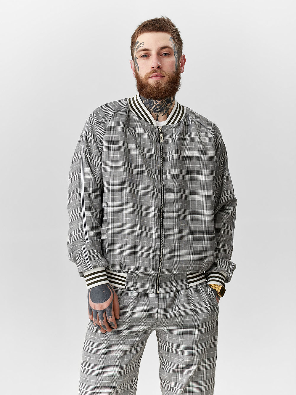 Gray Streetwear Gentlemen Tracksuit — plaid bomber jacket and joggers, jacket close-up