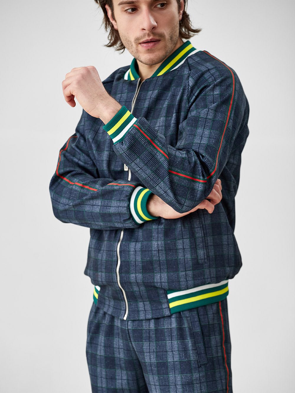 Slate Blue Plaid Gentlemen Tracksuit — close-up of the bomber jacket, three-quarter view