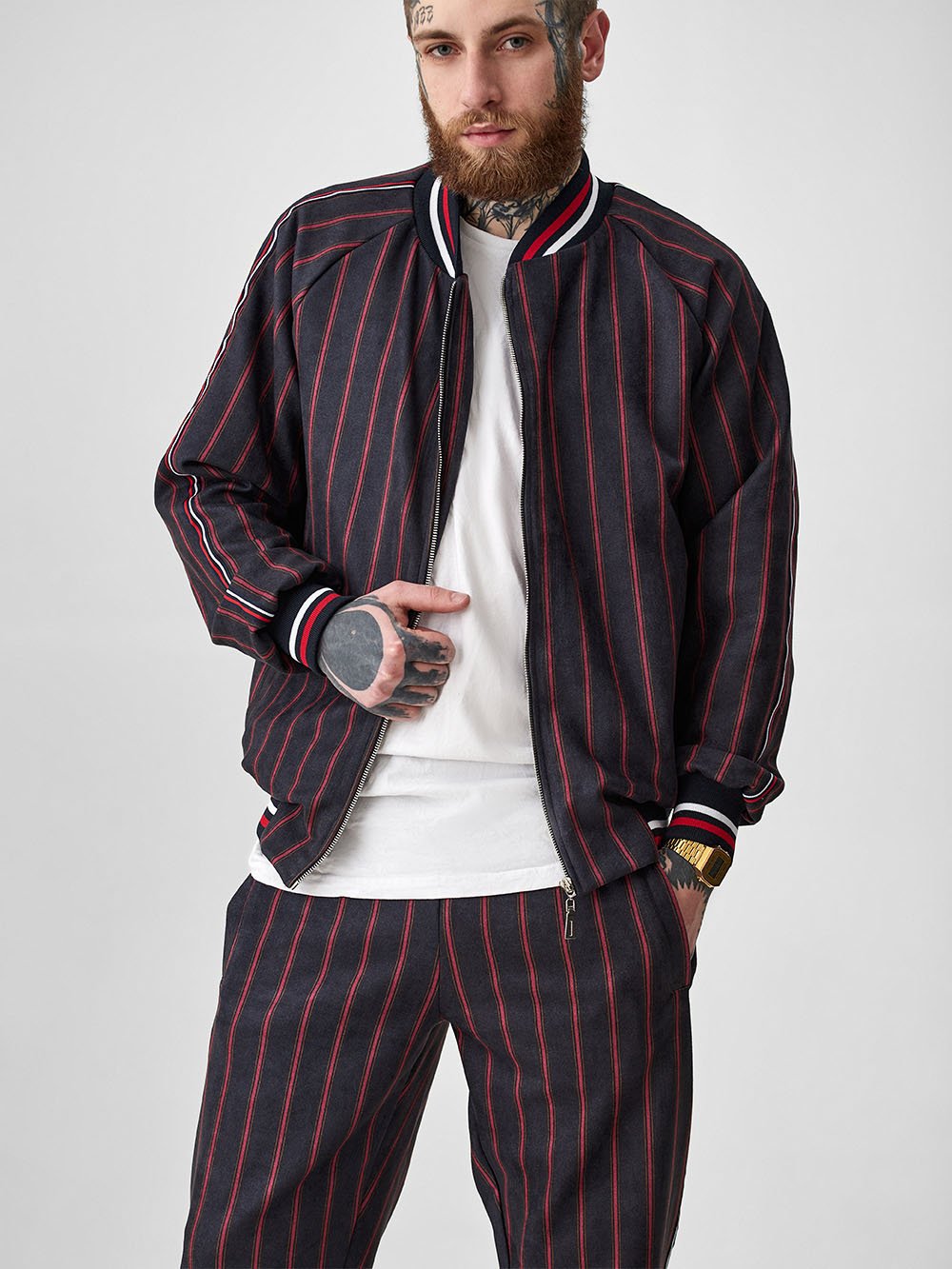Burgundy Pinstripe Gentlemen Tracksuit — close-up of the open bomber jacket