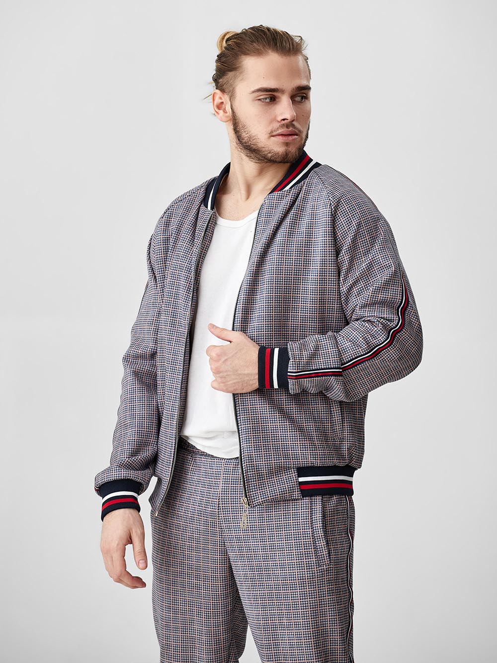 Silver Grey Glen Plaid Gentlemen Tracksuit — close-up of the open bomber jacket
