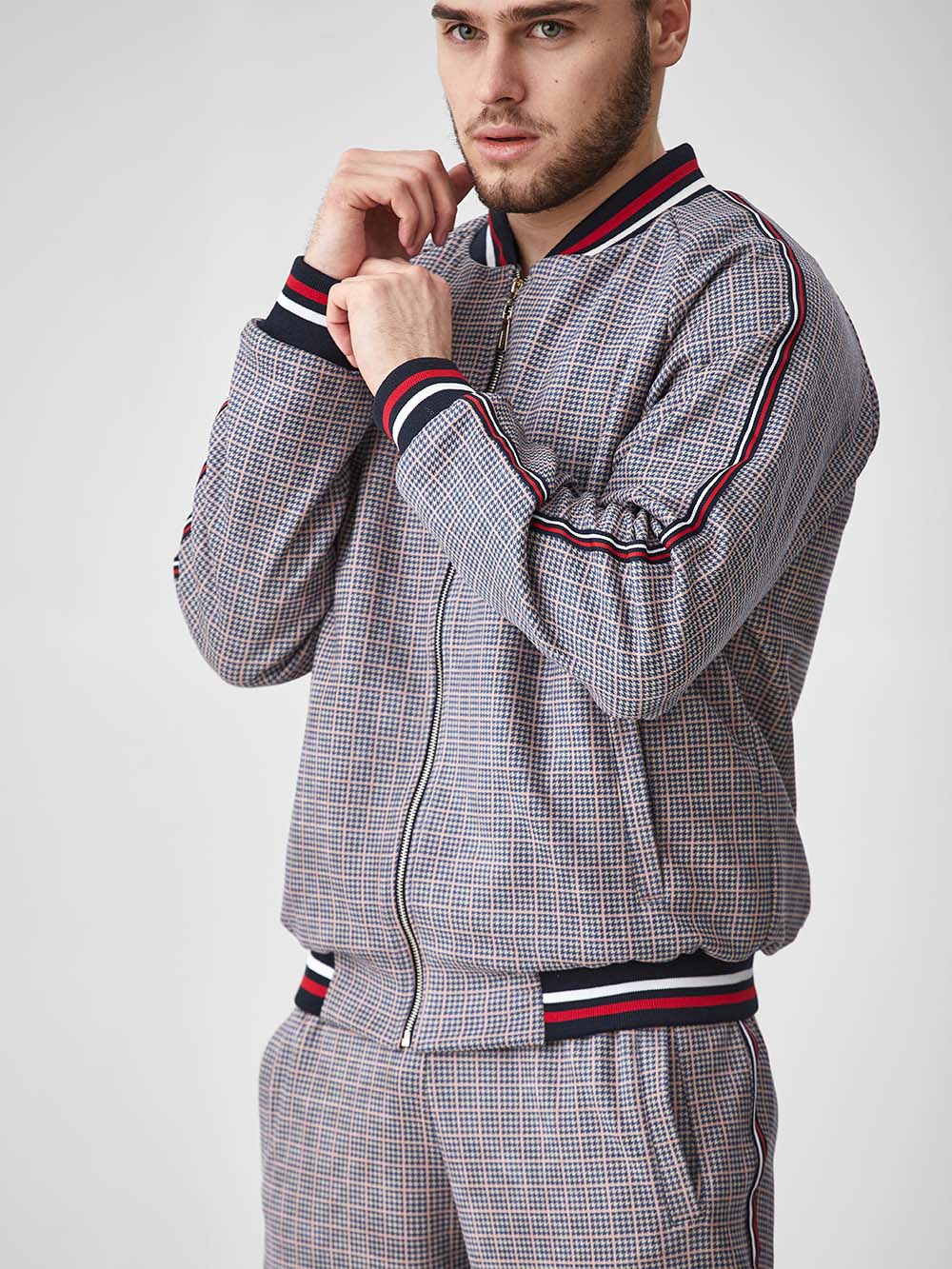 Silver Grey Glen Plaid Gentlemen Tracksuit — close-up of the bomber jacket, three-quarter view