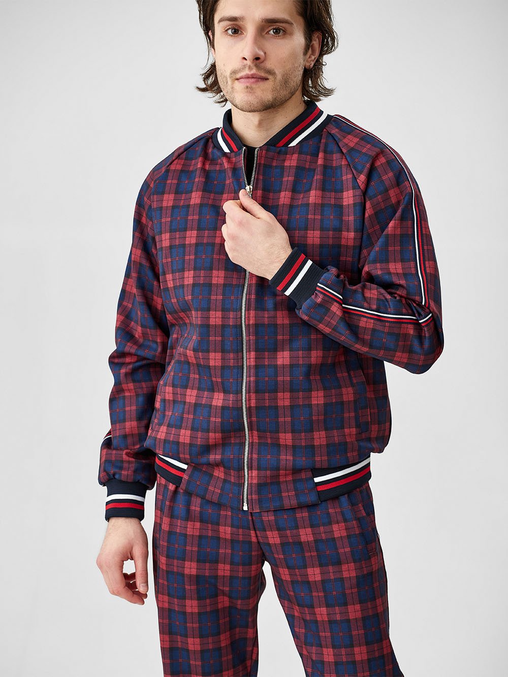 Red & Navy Tartan Gentlemen Tracksuit — close-up of the bomber jacket