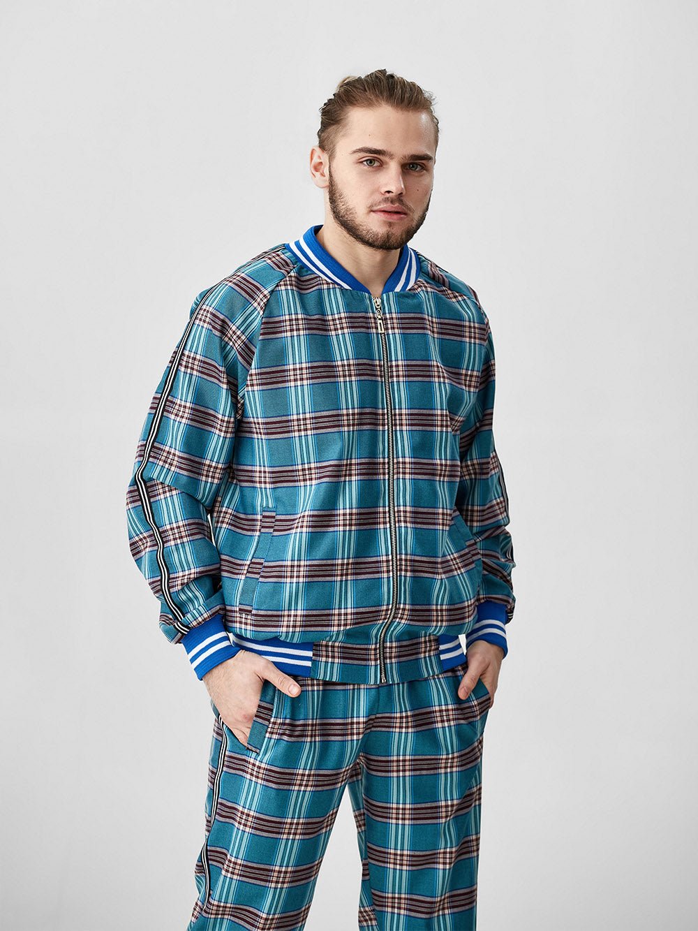 Teal Tartan Gentlemen Tracksuit — tartan bomber jacket and joggers, jacket close-up