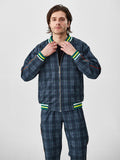 Slate Blue Plaid Gentlemen Tracksuit — plaid bomber jacket and joggers, jacket close-up