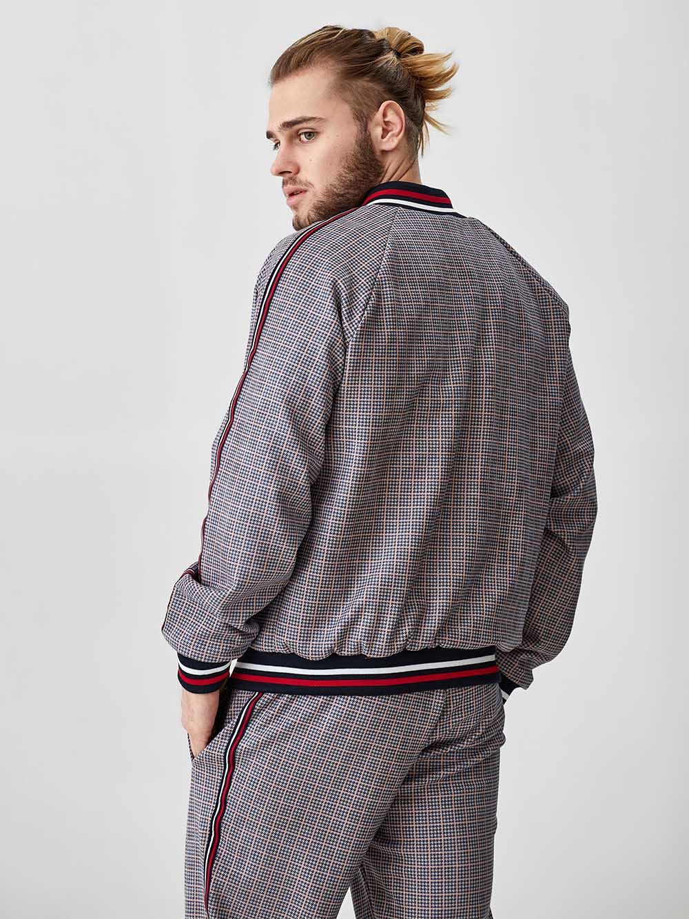 Silver Grey Glen Plaid Gentlemen Tracksuit — close-up of the jacket back