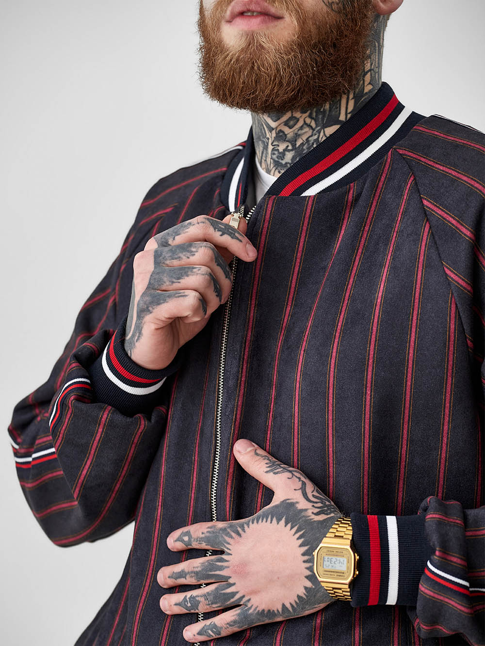 Burgundy Pinstripe Gentlemen Tracksuit — close-up of the zipper and cuff