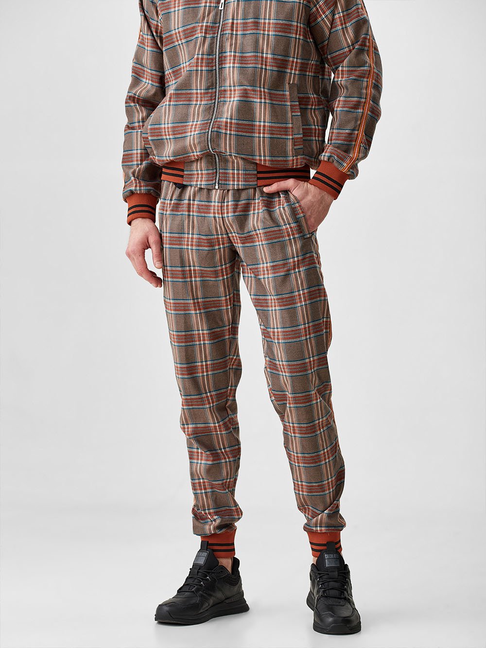 Brown & Red Plaid Gentlemen Tracksuit — close-up of the joggers