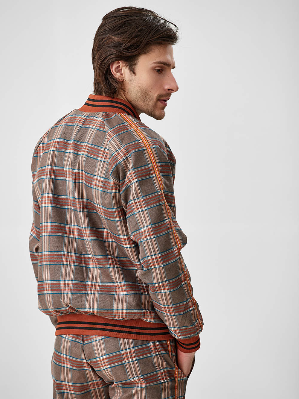 Brown & Red Plaid Gentlemen Tracksuit — close-up of the jacket, side view