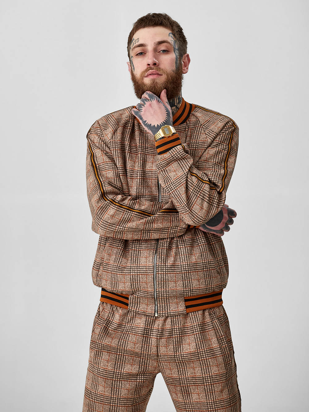 Tan Glen Plaid Gentlemen Tracksuit — glen plaid bomber jacket and joggers, jacket close-up
