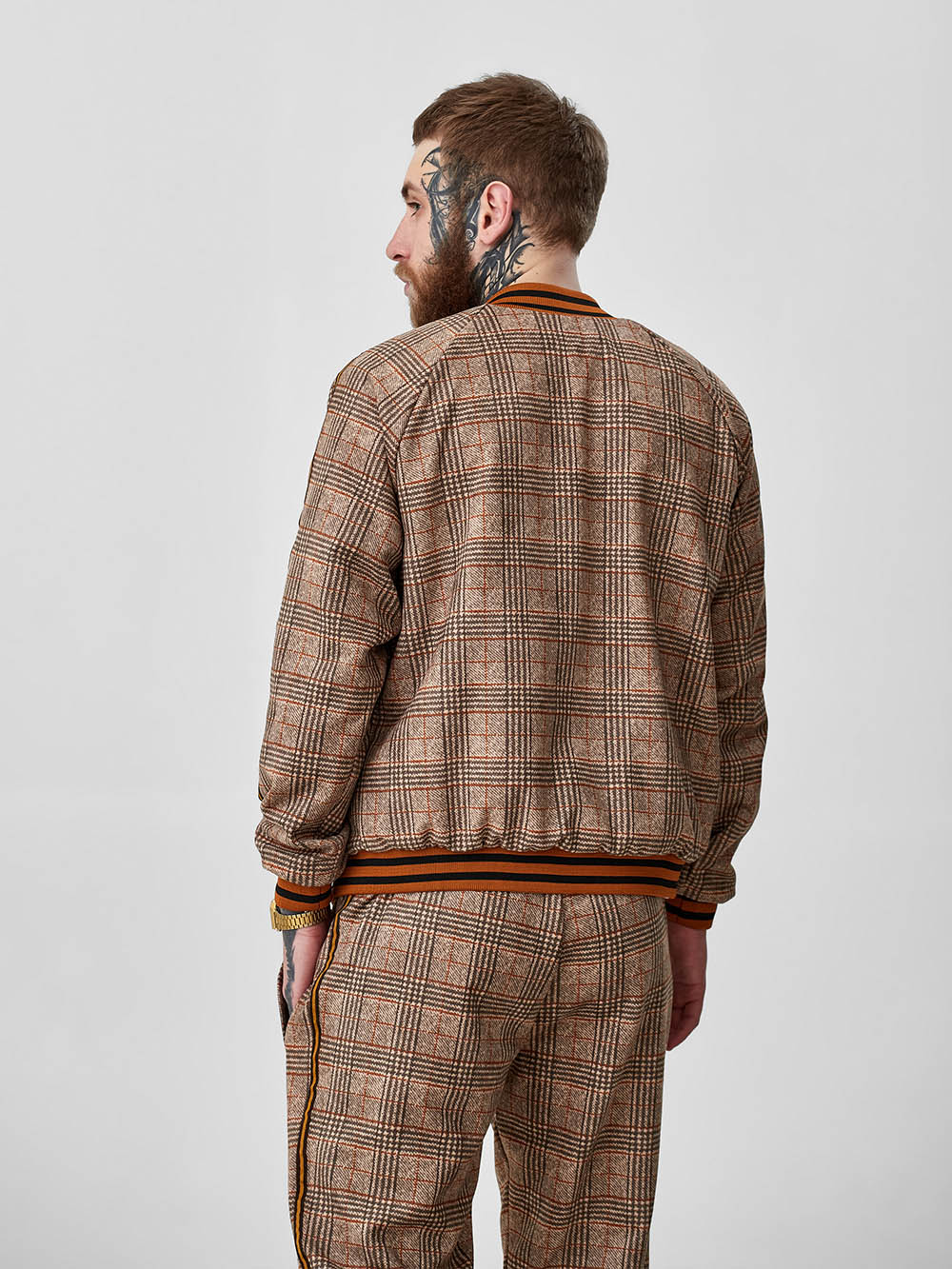 Tan Glen Plaid Gentlemen Tracksuit — close-up of the jacket back