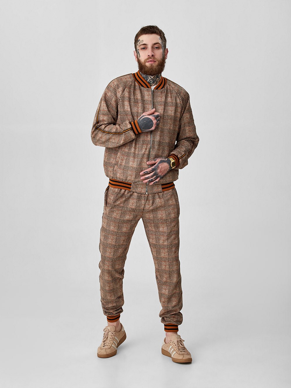 Tan Glen Plaid Gentlemen Tracksuit — front view