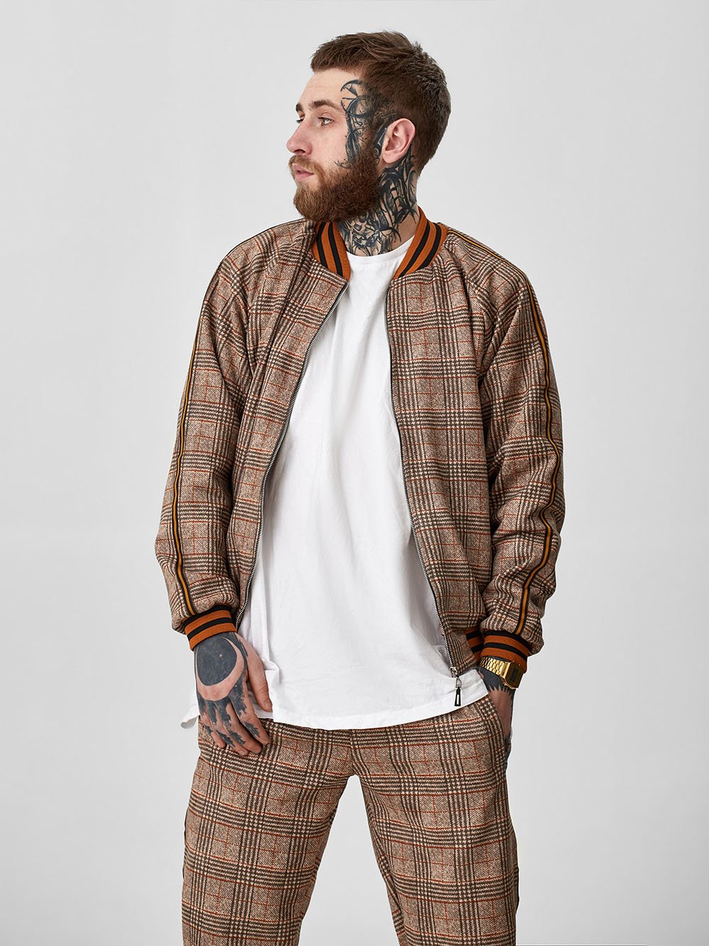 Tan Glen Plaid Gentlemen Tracksuit — close-up of the open bomber jacket