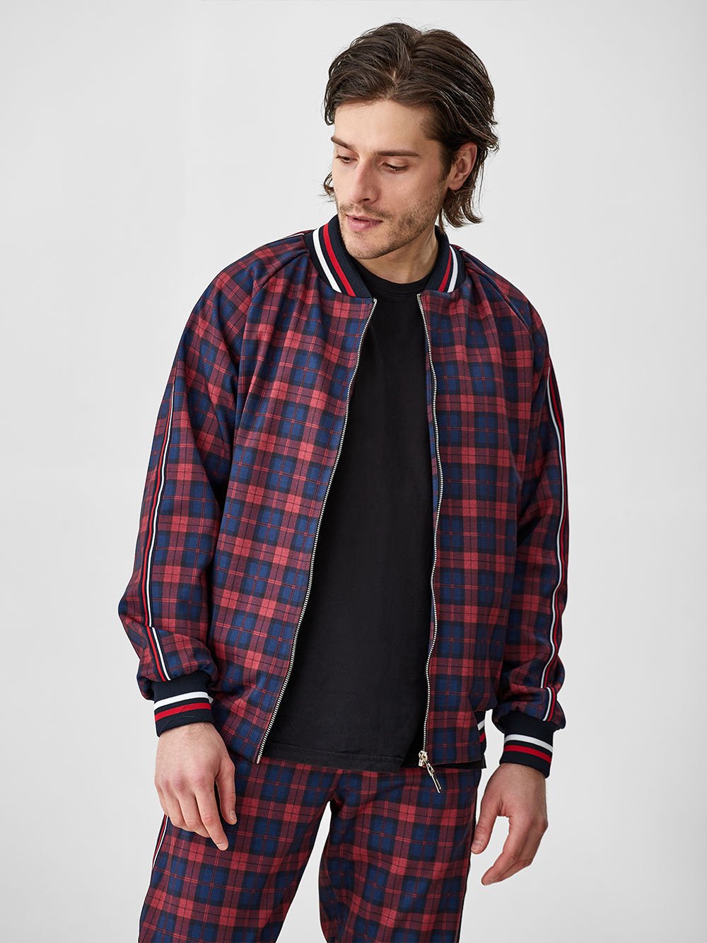 Red & Navy Tartan Gentlemen Tracksuit — tartan bomber jacket and joggers, open jacket close-up