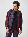Red & Navy Tartan Gentlemen Tracksuit — tartan bomber jacket and joggers, open jacket close-up