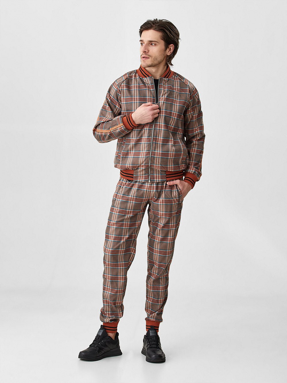 Brown & Red Plaid Gentlemen Tracksuit — plaid bomber jacket and joggers, front view