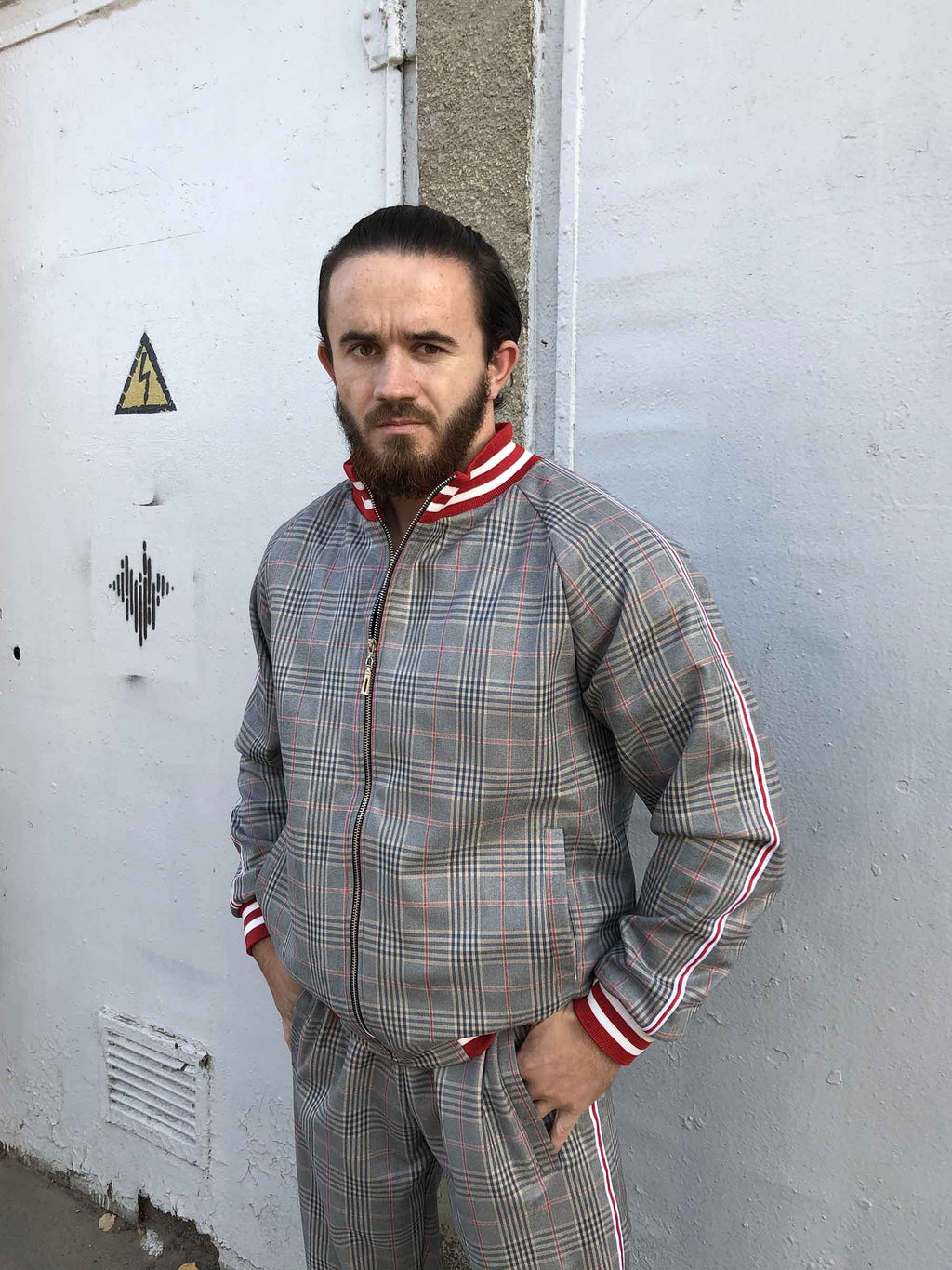 Grey & Red Glen Plaid Gentlemen Tracksuit — glen plaid bomber jacket and joggers, jacket close-up