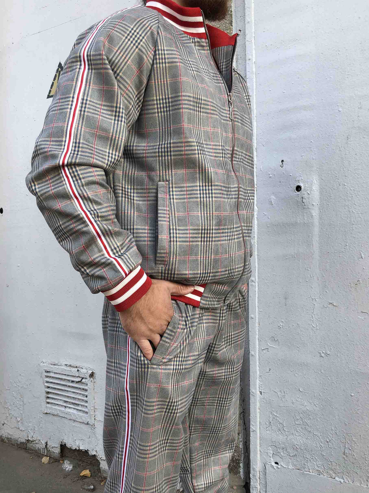 Grey & Red Glen Plaid Gentlemen Tracksuit — close-up of the side stripe