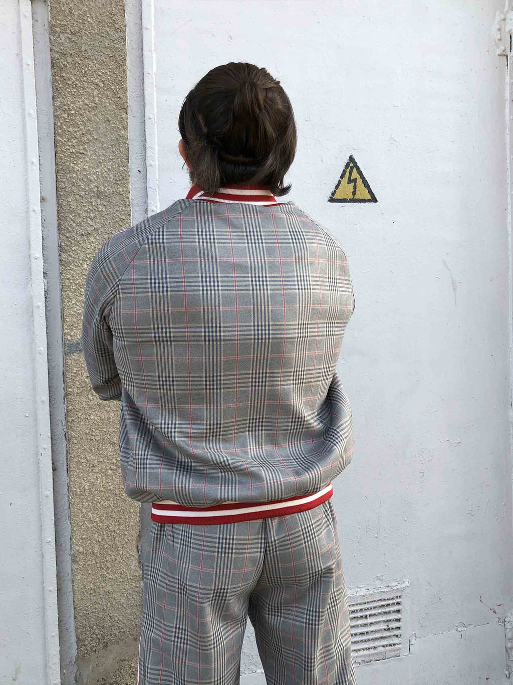 Grey & Red Glen Plaid Gentlemen Tracksuit — close-up of the jacket back