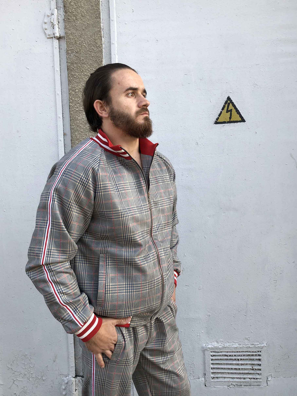 Grey & Red Glen Plaid Gentlemen Tracksuit — close-up of the bomber jacket, three-quarter view