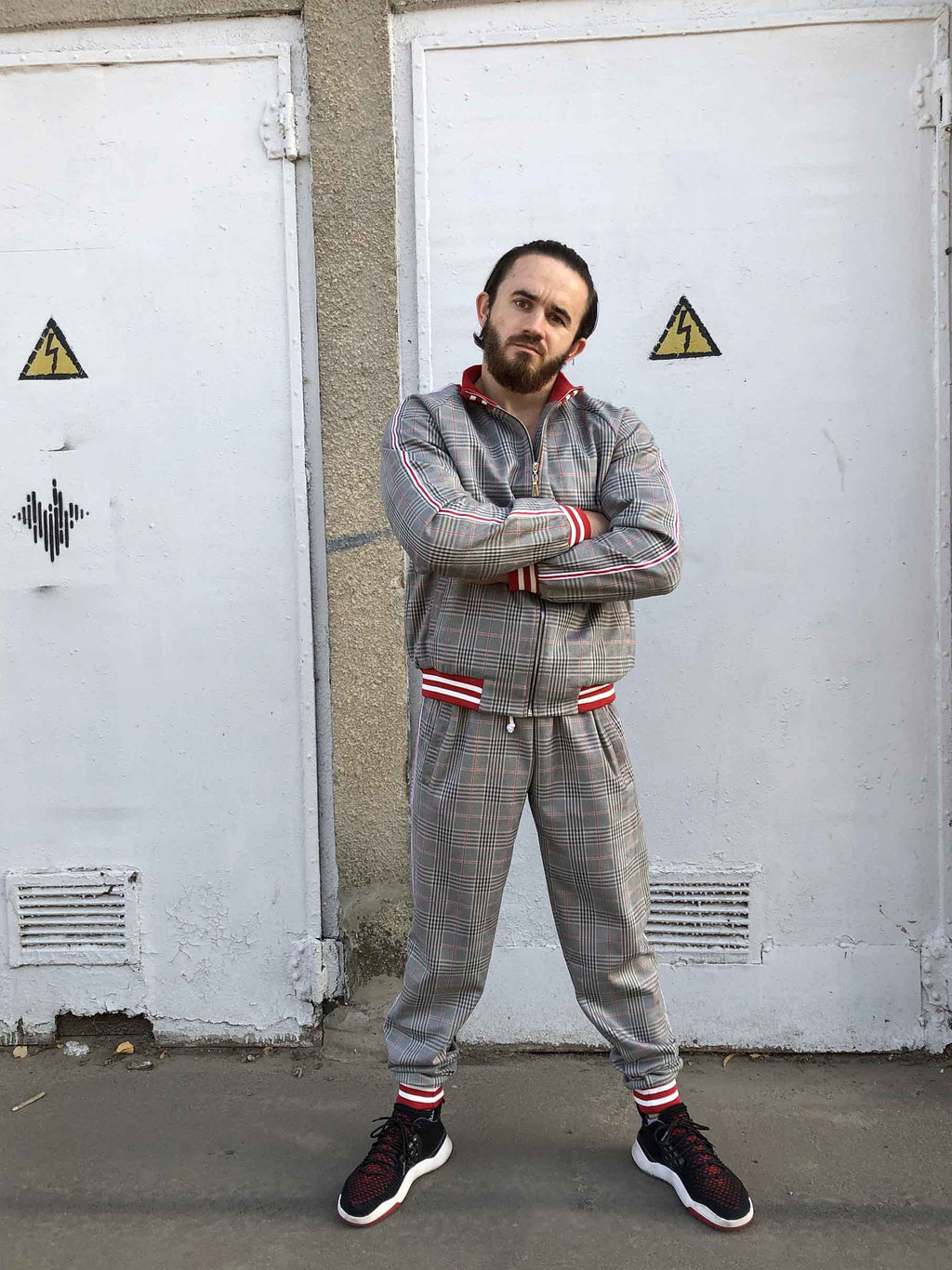 Grey & Red Glen Plaid Gentlemen Tracksuit — front view, another angle