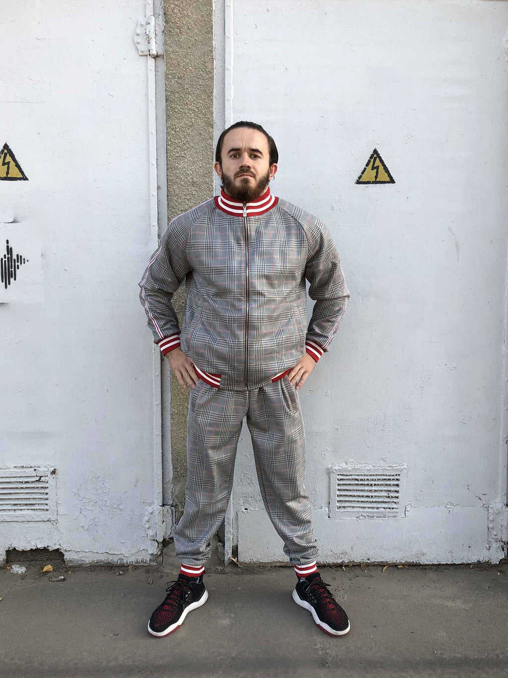 Grey & Red Glen Plaid Gentlemen Tracksuit — front view