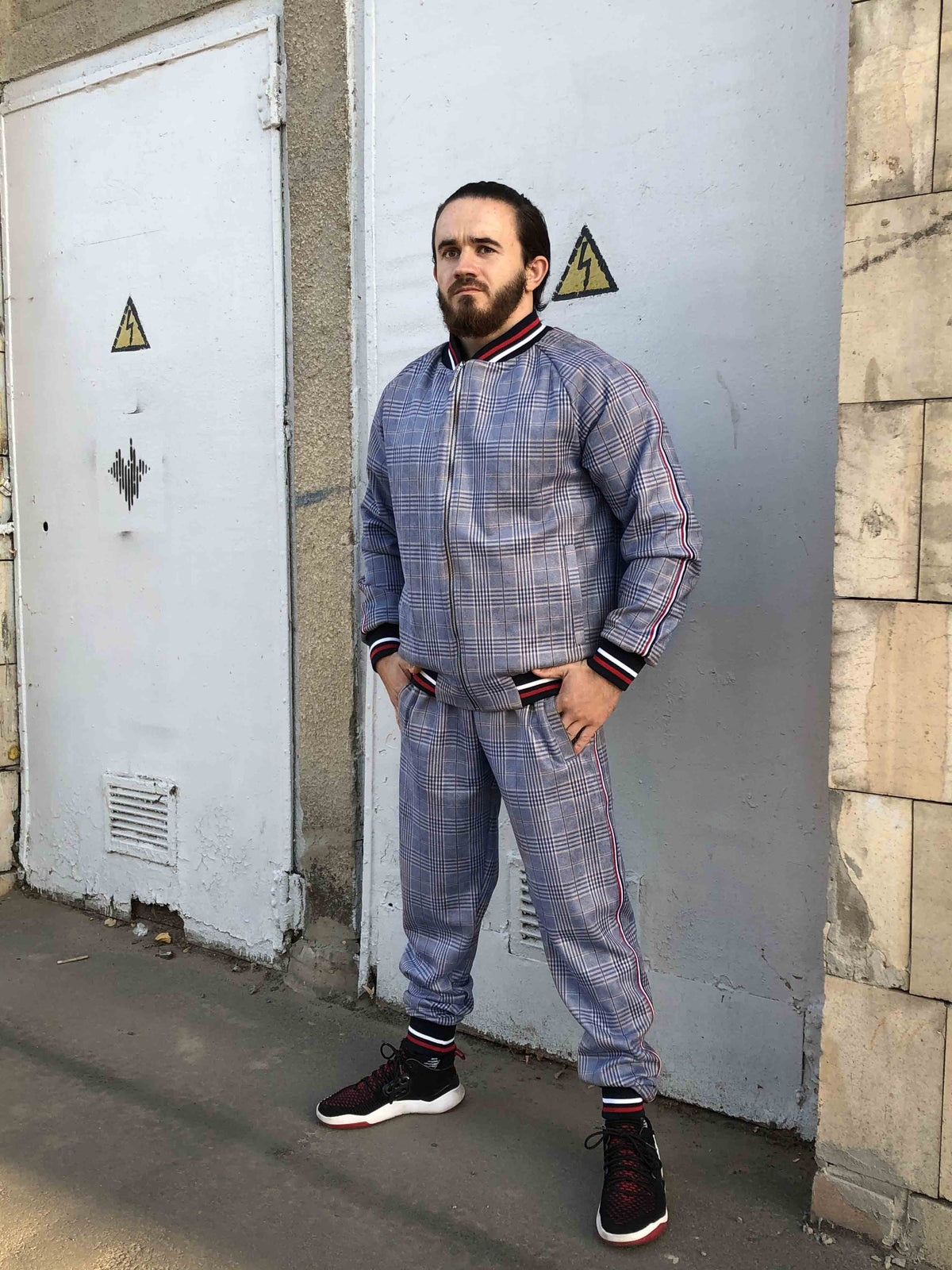 Lavender Grey Glen Plaid Gentlemen Tracksuit — front view