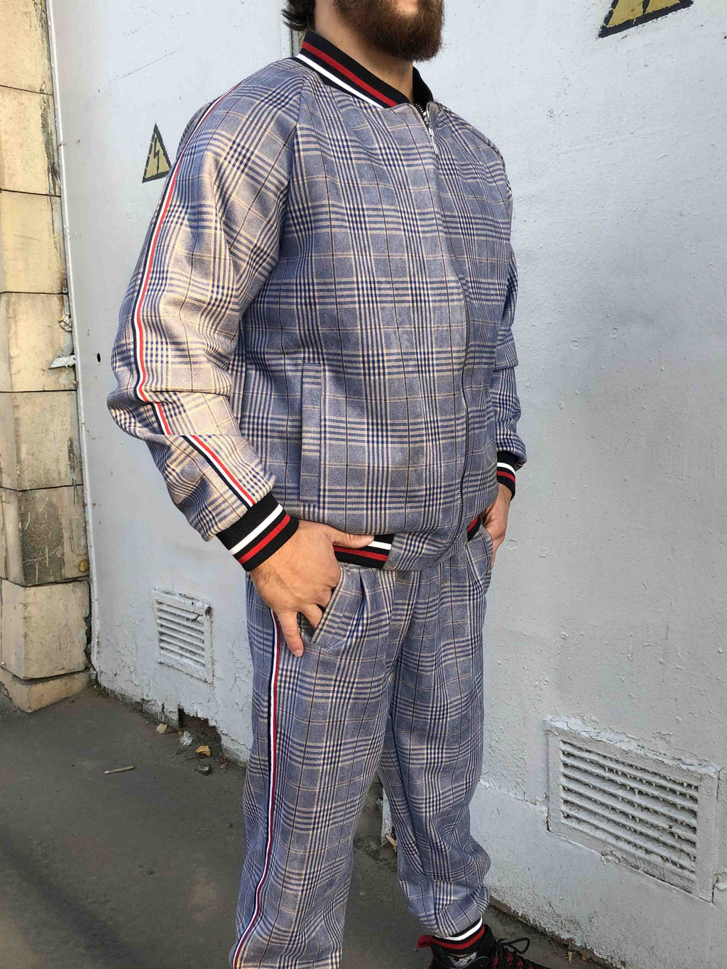 Lavender Grey Glen Plaid Gentlemen Tracksuit — close-up of the jacket, side view