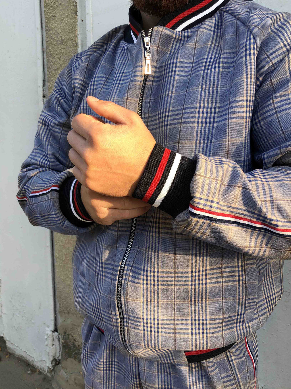 Lavender Grey Glen Plaid Gentlemen Tracksuit — close-up of the zipper and cuff