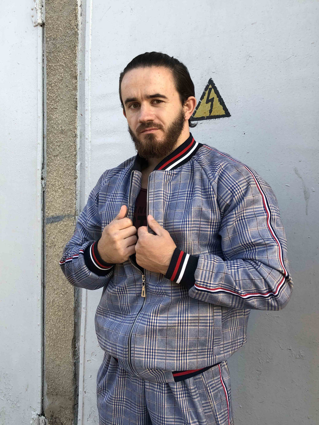 Lavender Grey Glen Plaid Gentlemen Tracksuit — glen plaid bomber jacket and joggers, jacket close-up